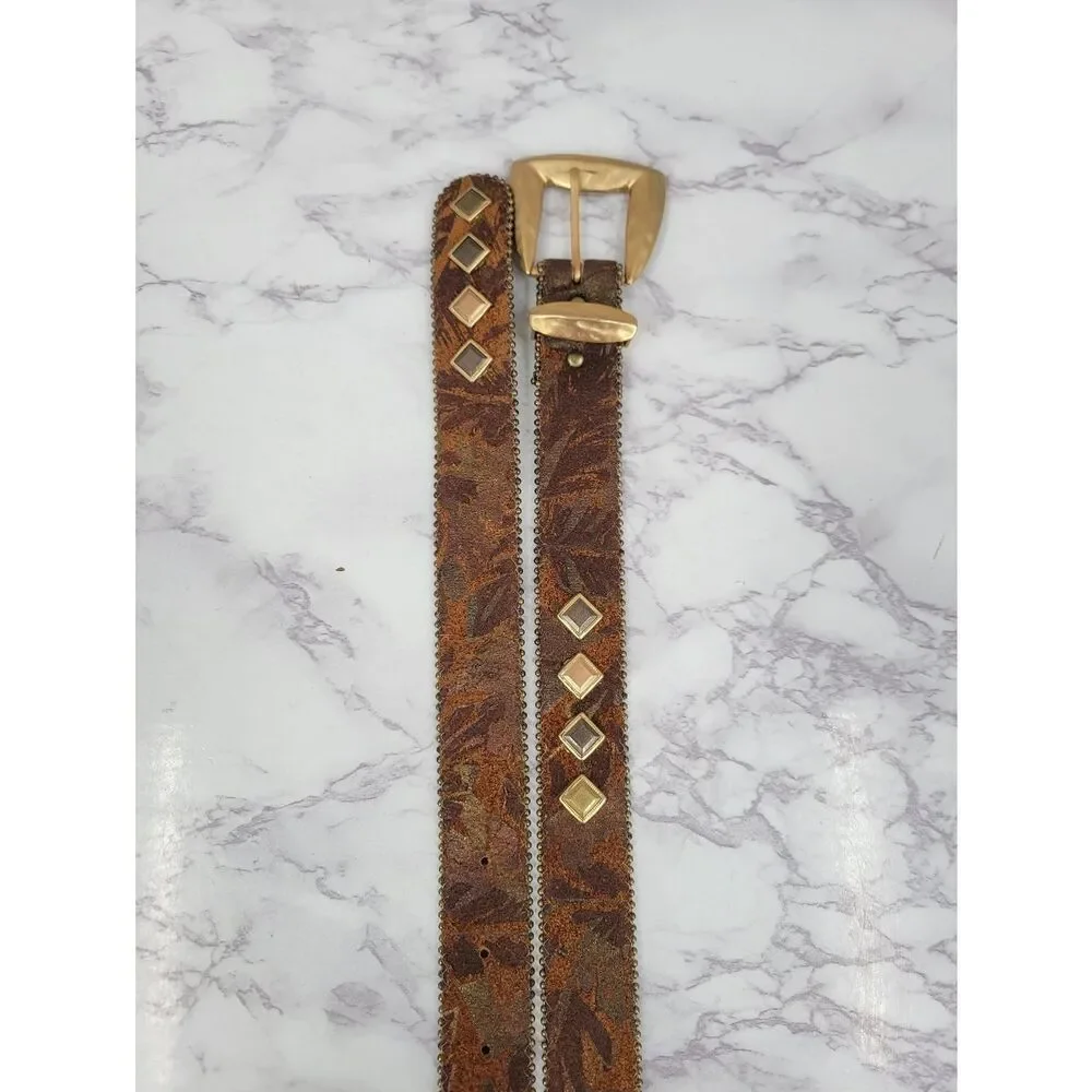Century Canada Studded Brown Suede Leather Belt with Gold Buckle